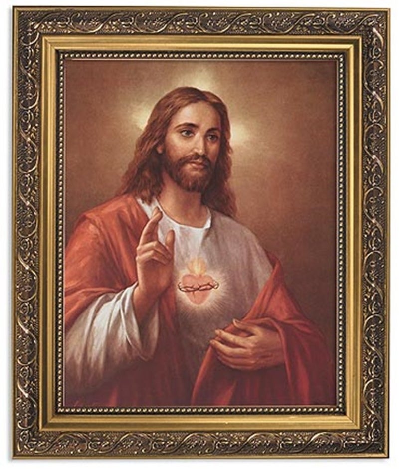 Gerffert Collection La Fuente Scared Heart of Jesus Framed Portrait Print, 13 Inch (Ornate Gold Tone Finish Frame)